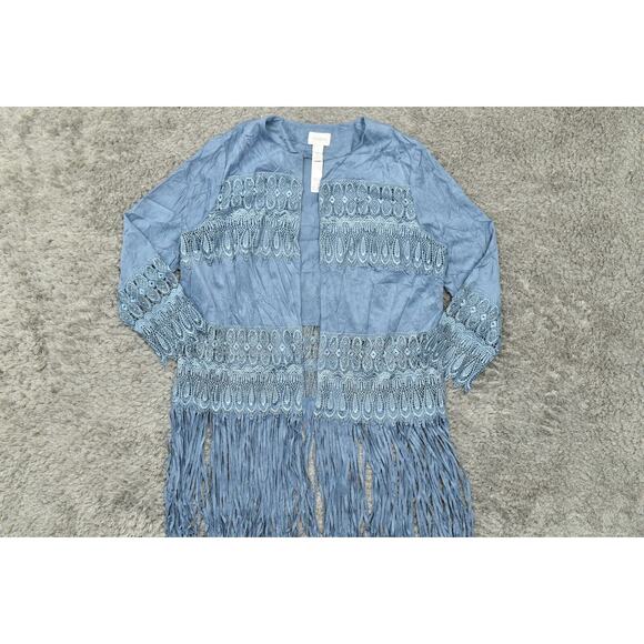 Chico's Women's Blue Open Cardigan Size 2 Polyester Geometric Suede - Picture 2 of 10
